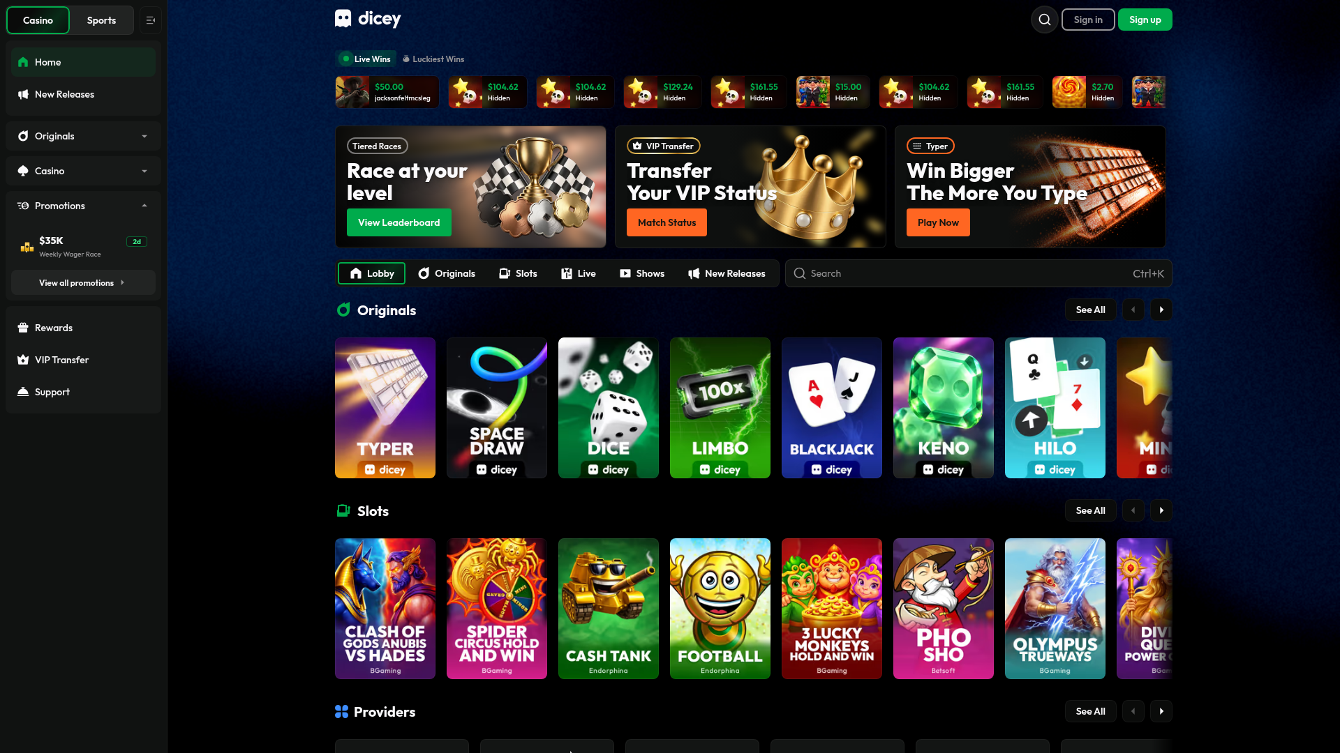 Dicey Casino casino lobby screenshot
