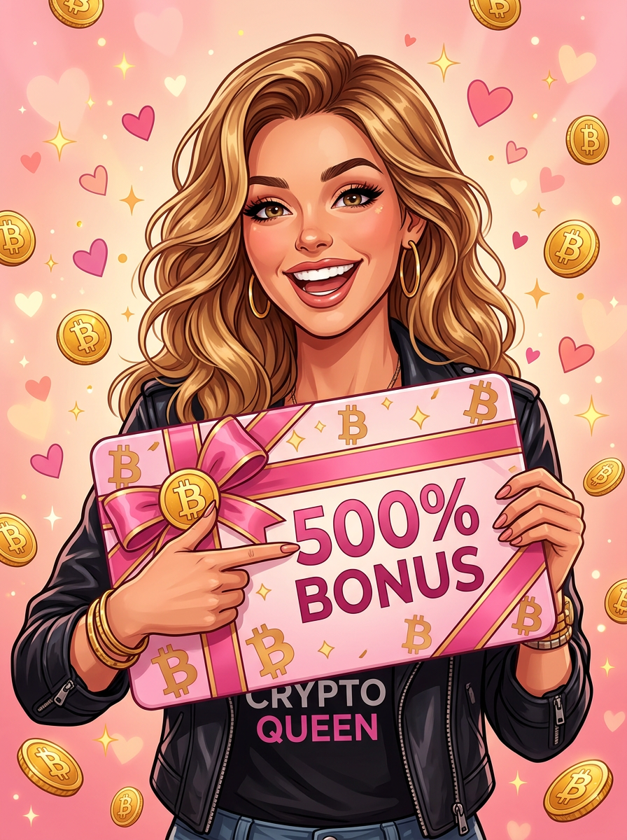Sophia holding a 500% crypto casino bonus card