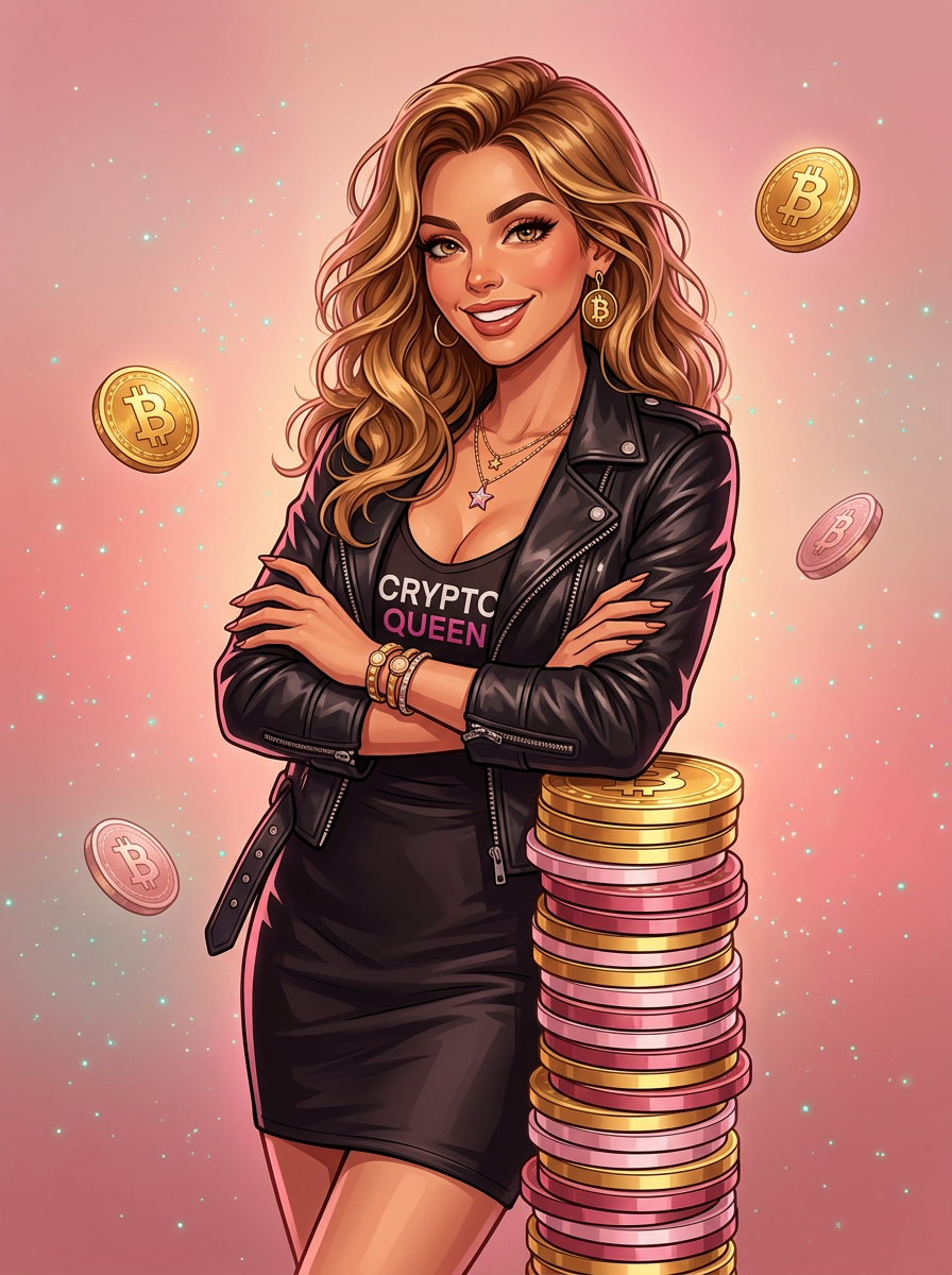 Sophia, our crypto casino reviewer, leaning on a stack of pink and gold casino chips
