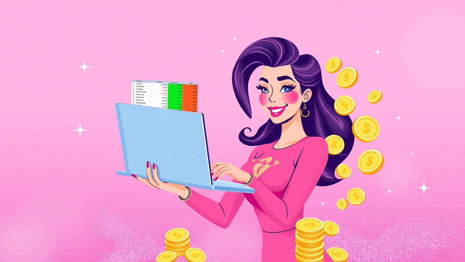 Illustrated woman in pink with a laptop showing a budget spreadsheet, surrounded by gold coins โ Sophia's Bankroll Babe crypto casino budget guide