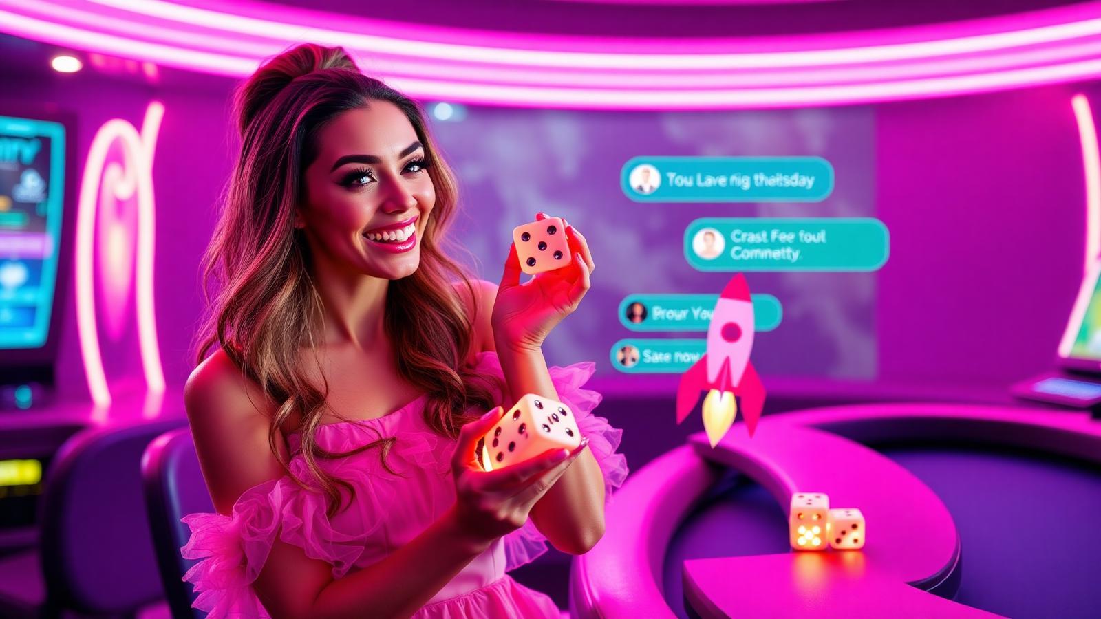 Woman in pink holding glowing dice beside crash-game rocket graphics and community chat bubbles