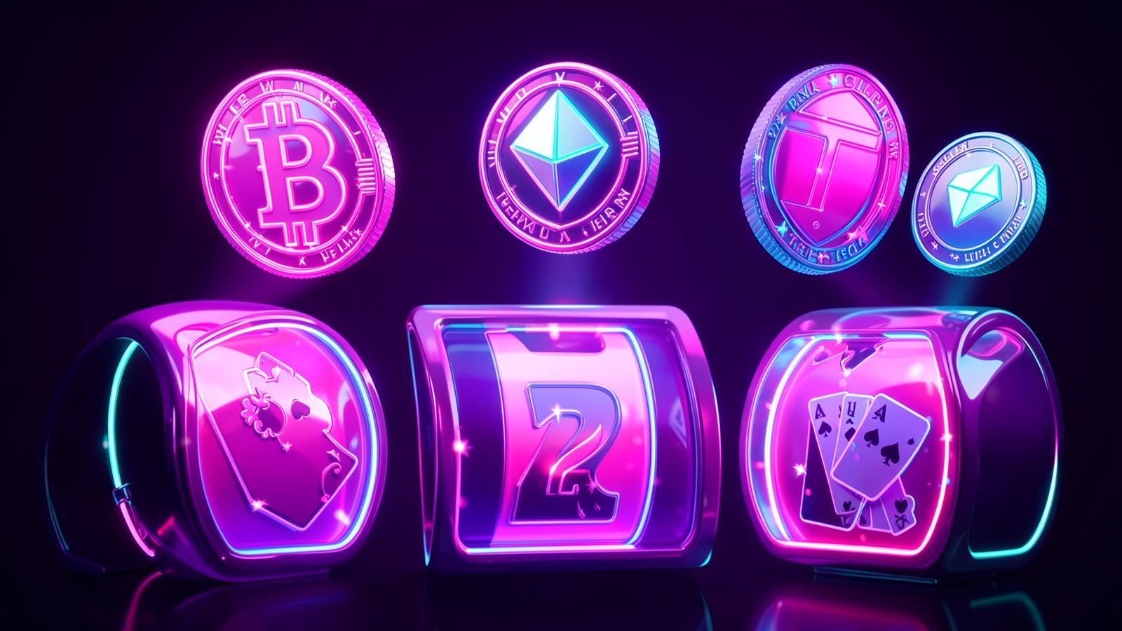 Neon pink and purple Bitcoin, Ethereum and Tether coins glowing above casino slot reels and playing cards