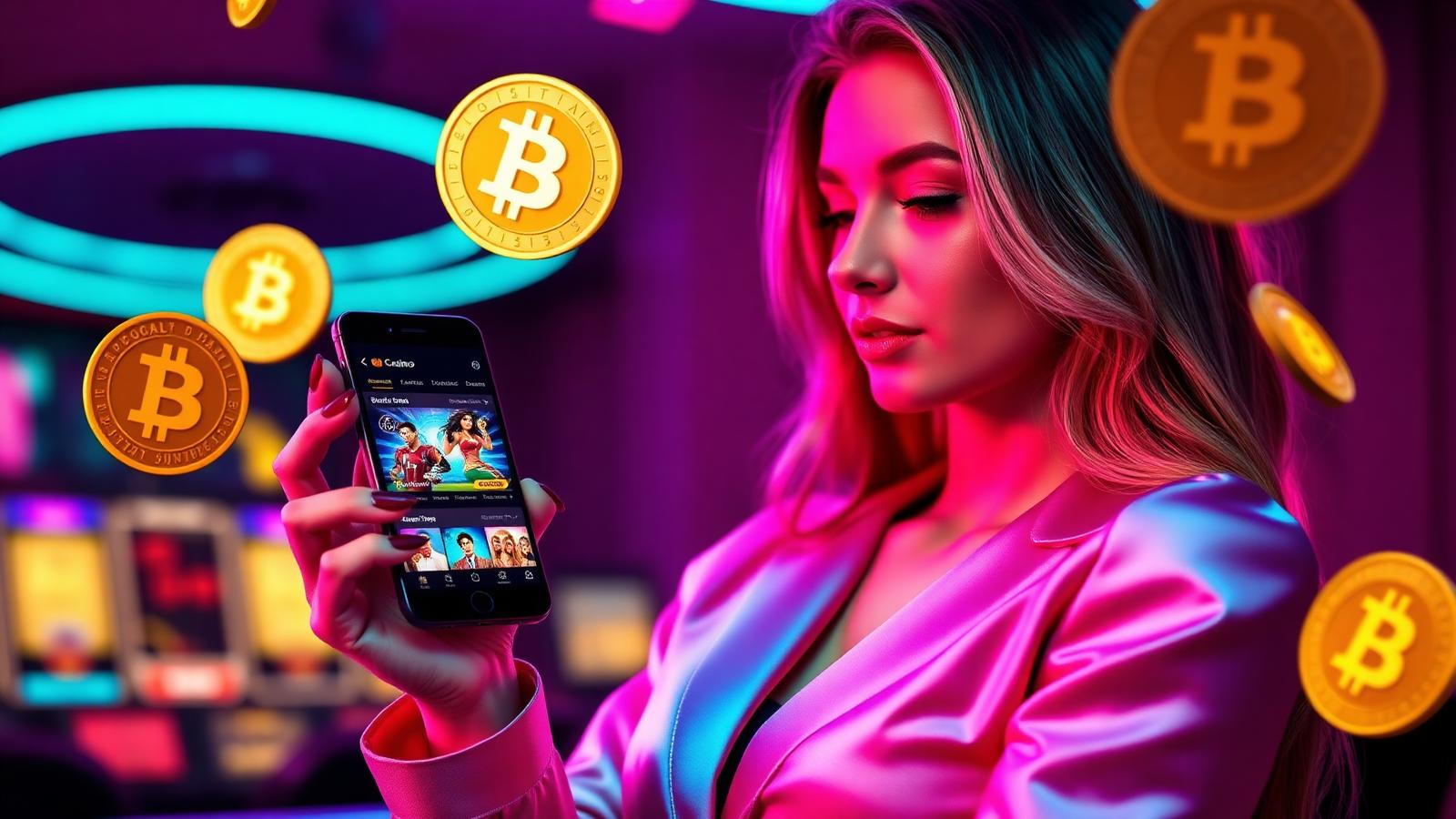 Woman in pink satin holding a phone showing the BetPlay.io crypto casino and sportsbook lobby
