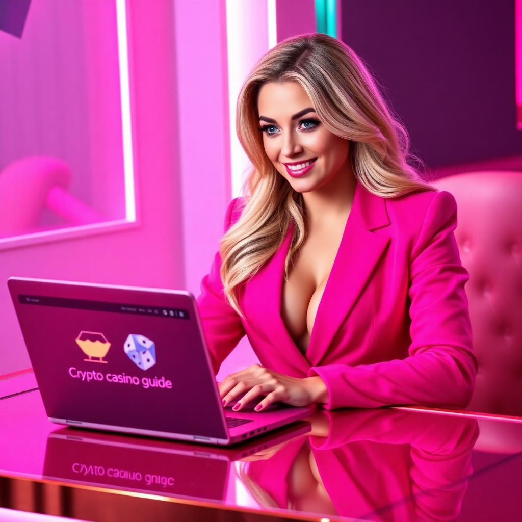 Sophia in a hot pink blazer explaining how crypto casinos and provably fair games work on a rose-gold laptop