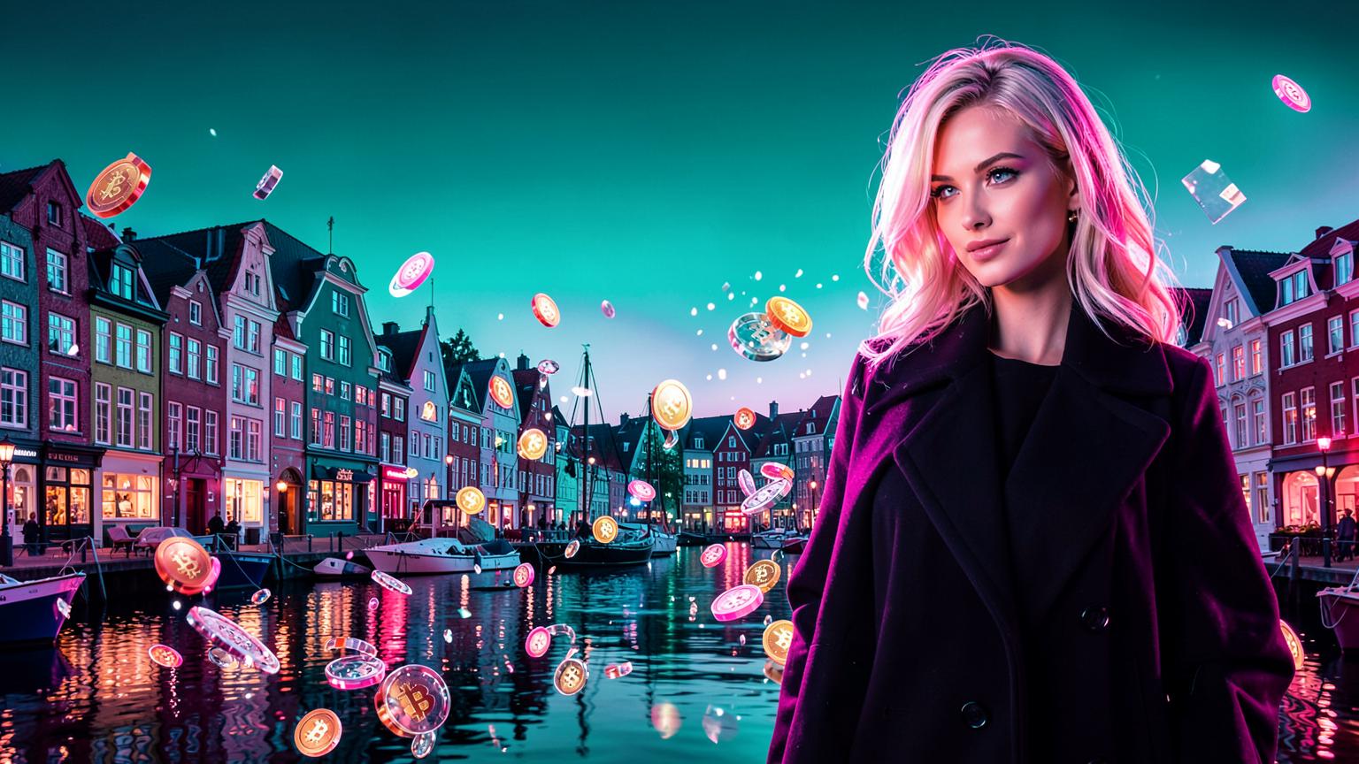 Nyhavn i Kobenhavn om aftenen med farverige huse, svovende bitcoin-monter og casinochips over kanalen i pink og teal farver