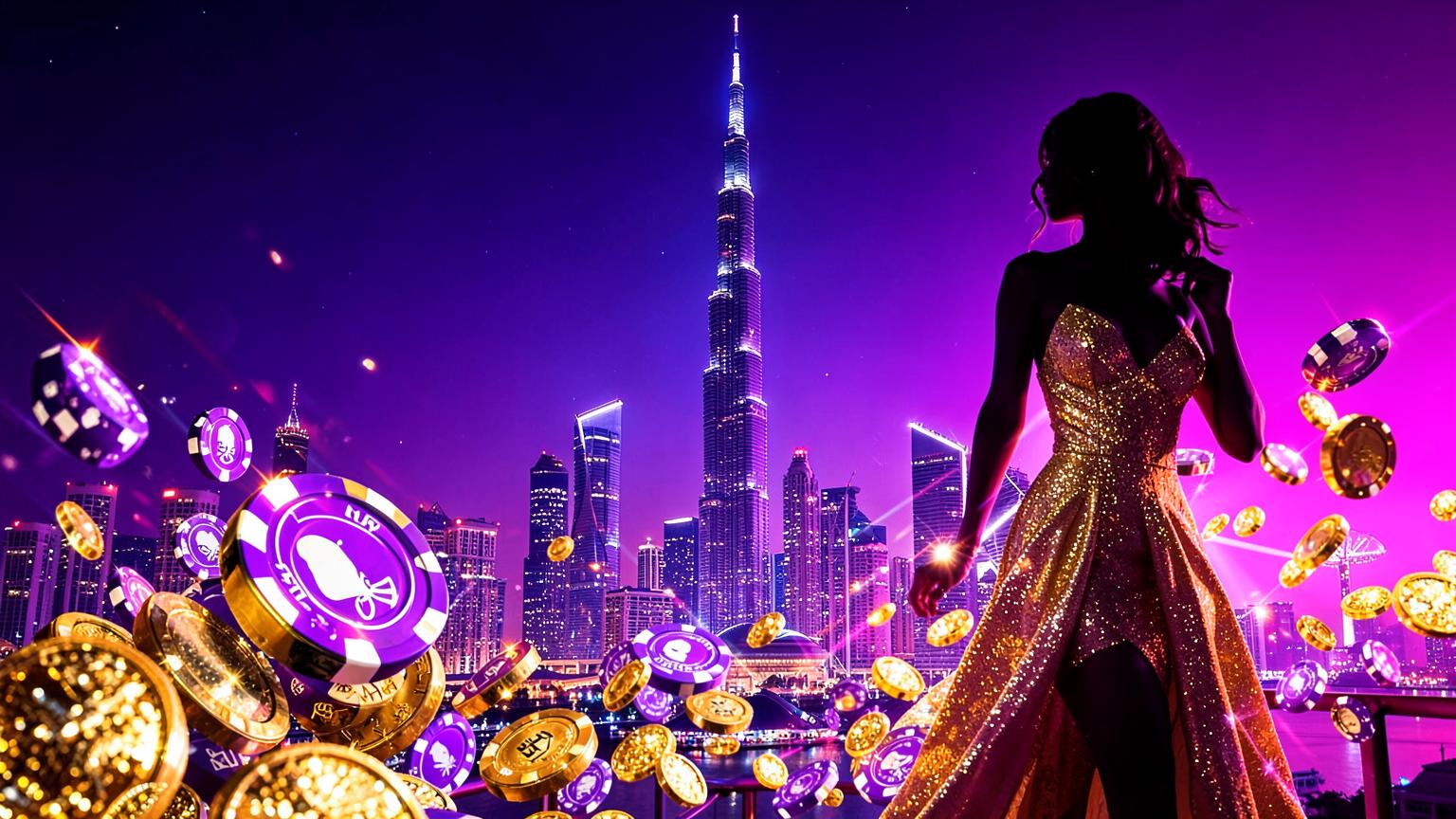Dubai skyline at night with the Burj Khalifa, golden casino chips and a glamorous woman in a gold dress under purple lights