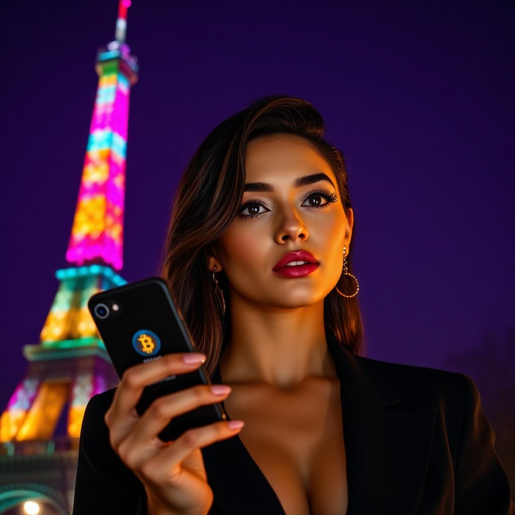 Jeune femme elegante avec une application de casino crypto devant la Tour Eiffel illuminee