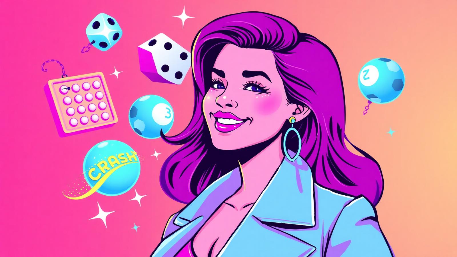 Stylish pink-and-purple illustration of a woman surrounded by floating Plinko, dice, Crash rocket, Mines bomb and Keno balls โ Sophia's crypto casino house games guide