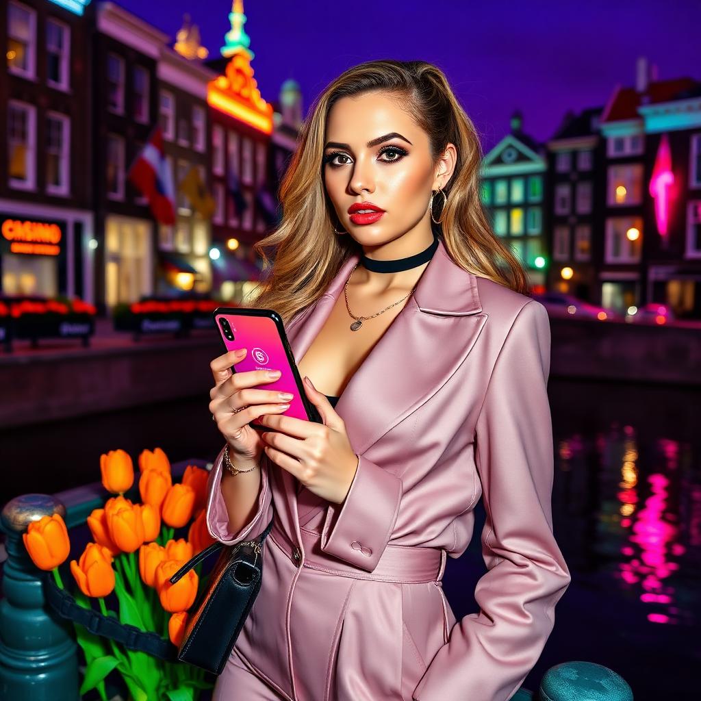 Stijlvolle vrouw met crypto casino app bij een Amsterdamse gracht met oranje tulpen