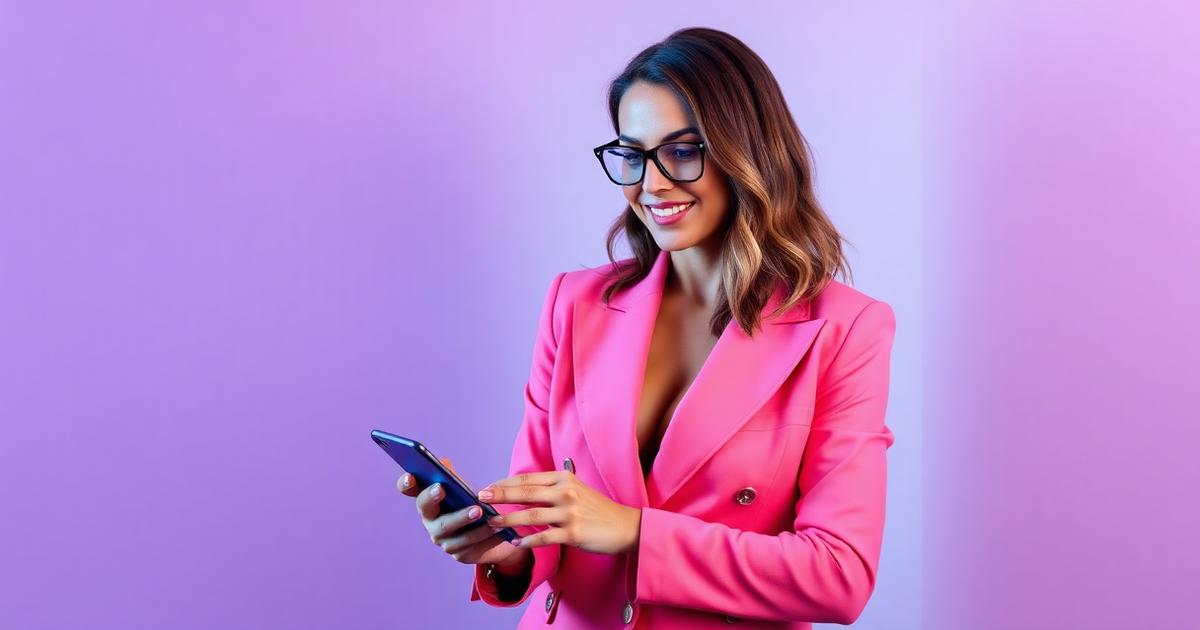 Confident woman in pink blazer reviewing crypto casino picks on her phone