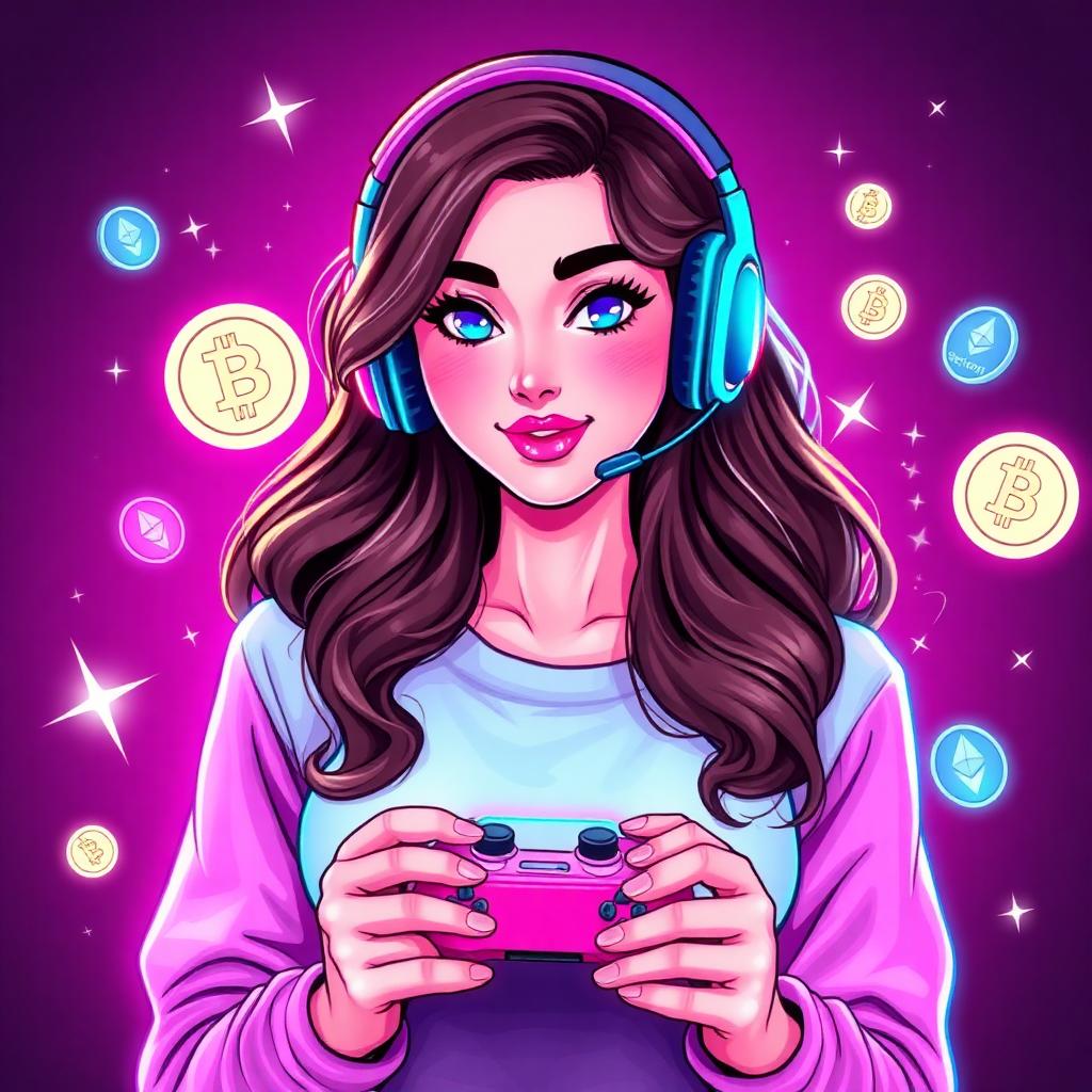 Sophia, a brunette female crypto gamer with a pink controller and headset surrounded by floating Bitcoin and Ethereum coins on a pink and purple background
