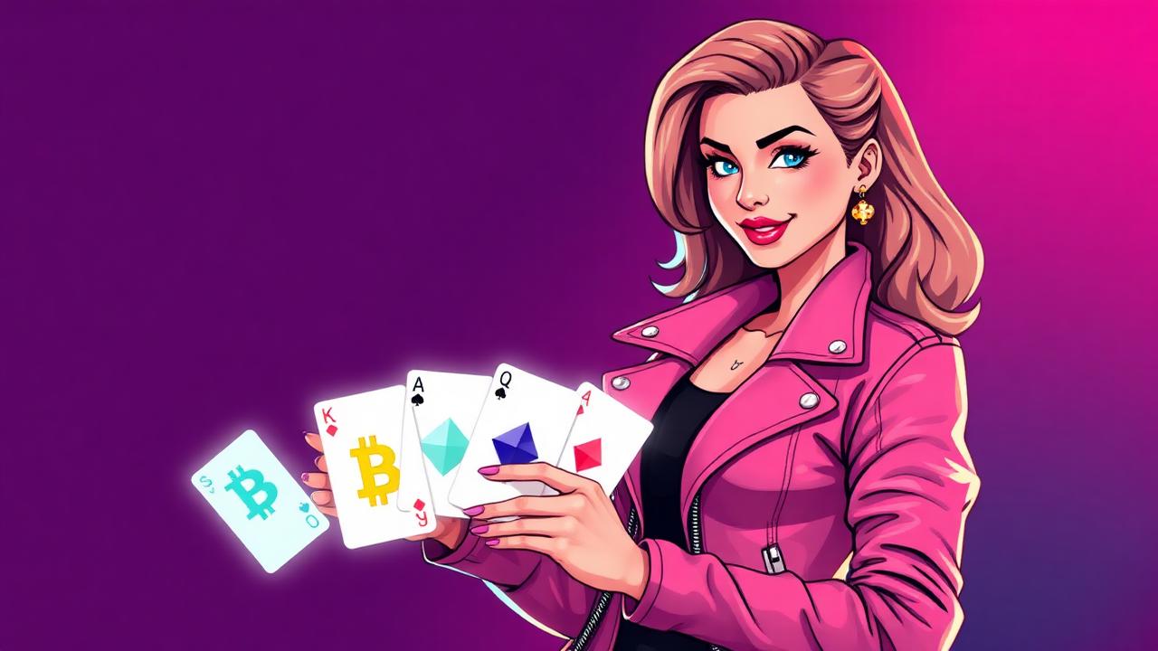 Illustrated woman in a pink leather jacket holding five glowing crypto-themed playing cards, Sophia's diversify crypto casino rewards guide for women 2026