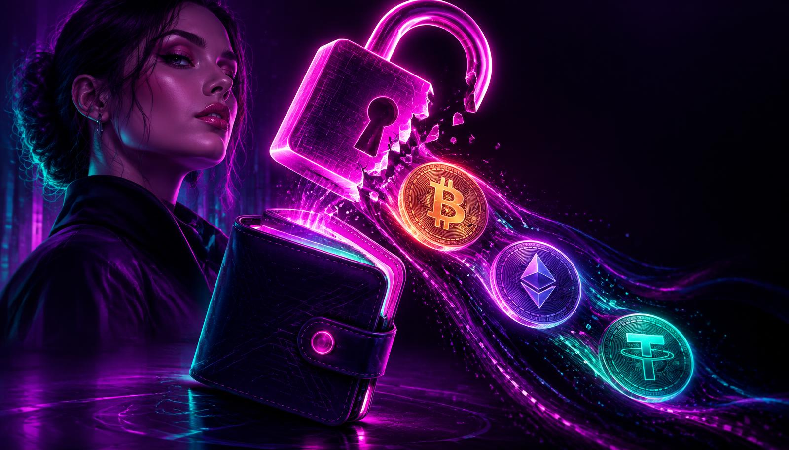 Broken neon padlock over a crypto wallet with Bitcoin and Ethereum coins draining away in a dark purple cyber scene