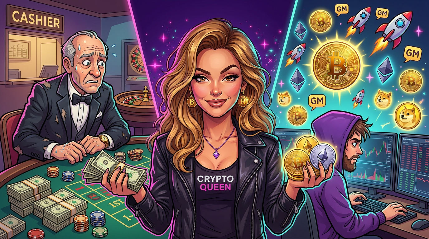 Cartoon of Sophia between a fiat gambler in a tuxedo and a crypto degen in a hoodie — Sophia's fiat vs crypto gamblers guide