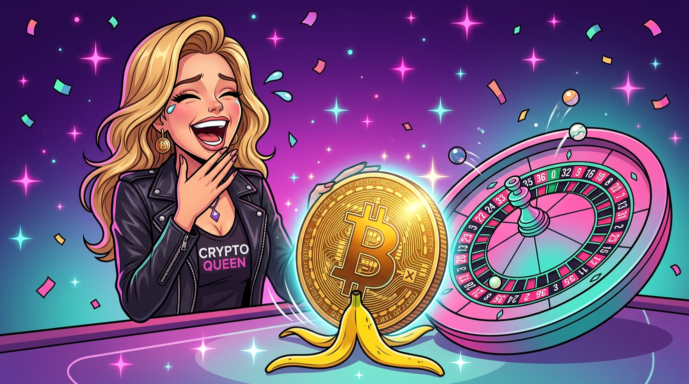 Cartoon of a laughing woman in a pink hoodie holding a Bitcoin coin next to a roulette wheel and a banana peel โ Sophia's funny crypto casino fails guide