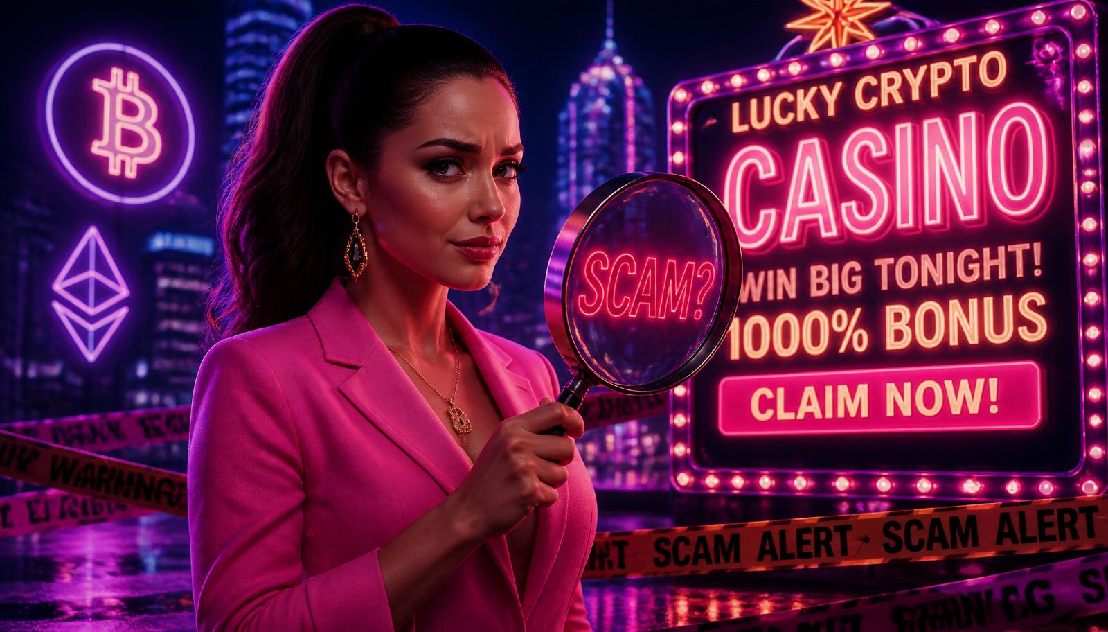 Sophia holding a magnifying glass over a suspicious crypto casino billboard promising a 1000% bonus with a scam alert warning sign