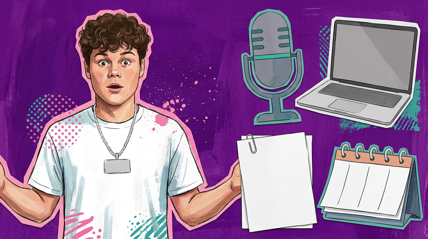 Editorial illustration of Jack Doherty beside a microphone, contract and calendar, not a photograph of the signing