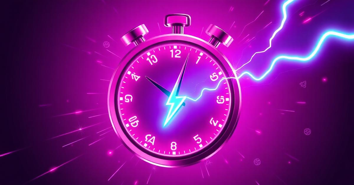Neon stopwatch struck by a Bitcoin Lightning Network bolt on a purple background