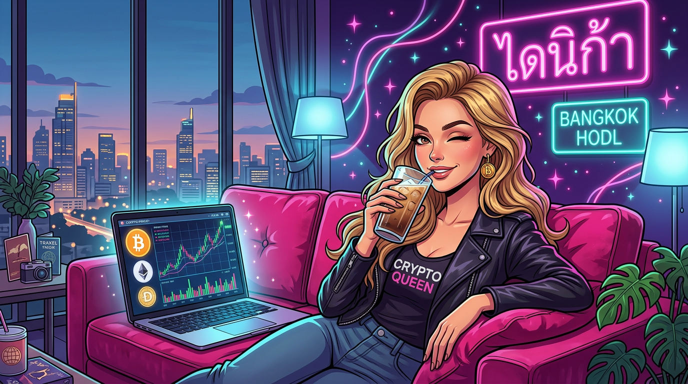 Cartoon of Sophia, a blonde woman in a leather jacket, lounging on a pink couch with a laptop showing crypto charts — Sophia's mid-week crypto casino chill zone