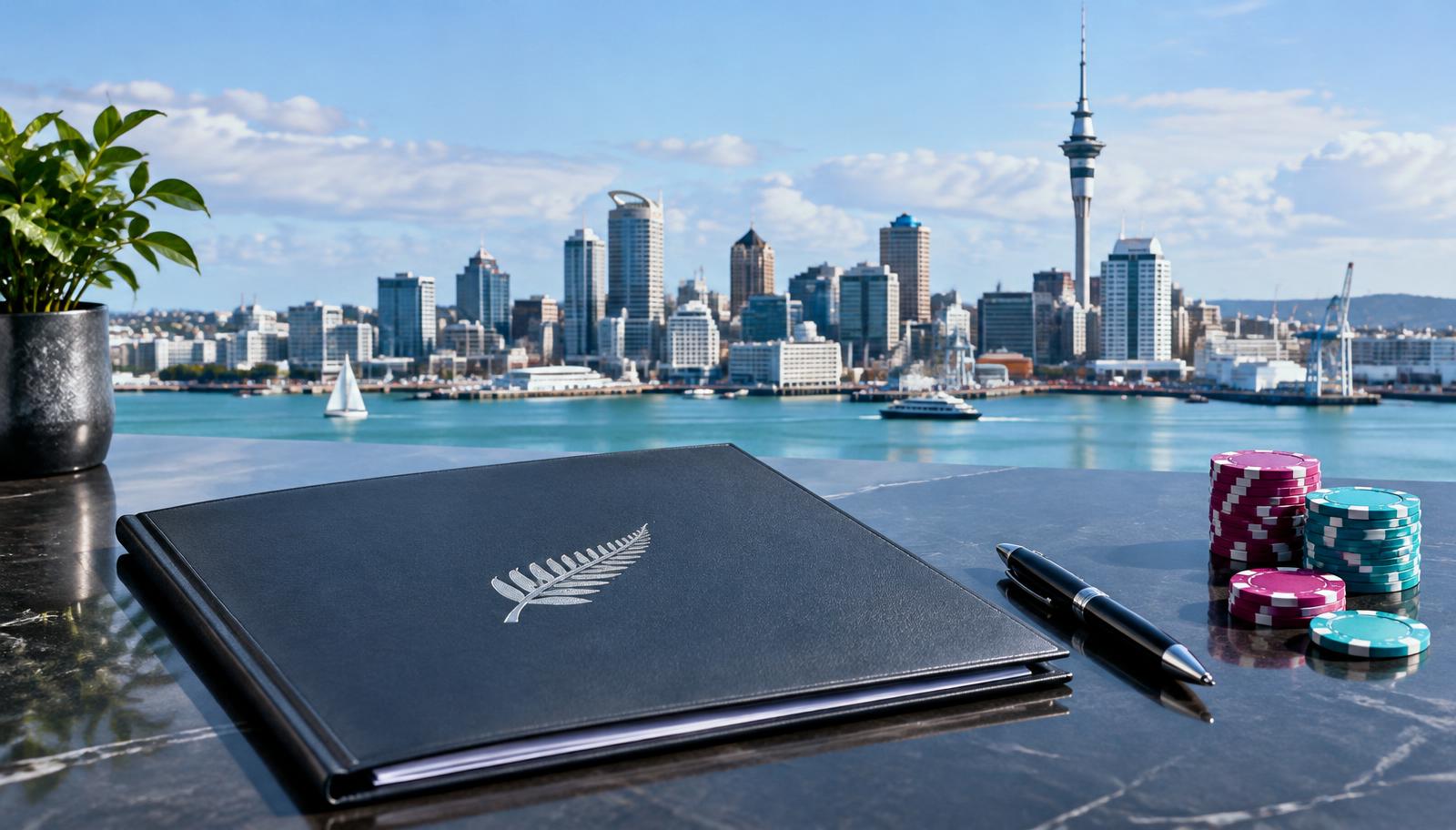 Editorial illustration of an application folder and gaming chips overlooking Auckland, representing New Zealand's national online casino licence auction