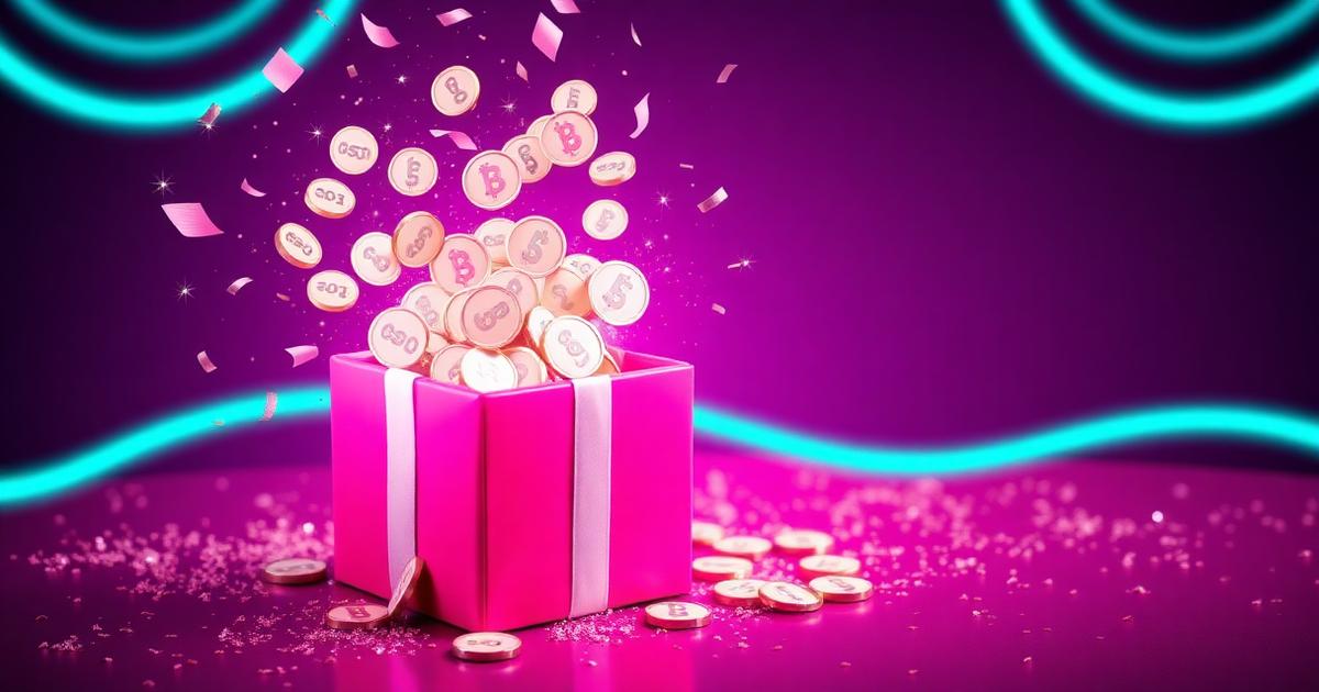 Pink gift box bursting with USDT Tether coins and confetti on a purple neon background