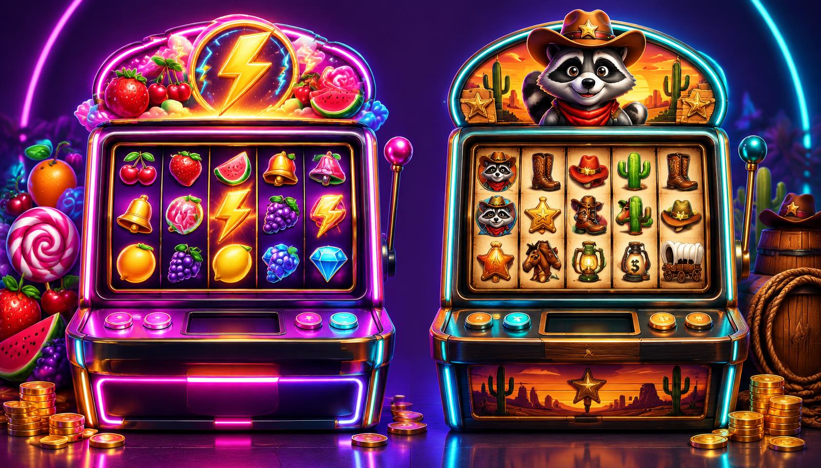 Illustrated candy and lightning slot machine beside a raccoon and Western-themed slot machine
