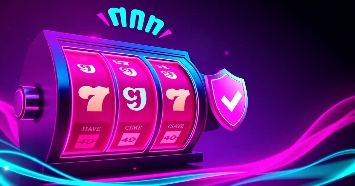 Glowing slot reels beside a pink verification shield with cryptographic hash streams