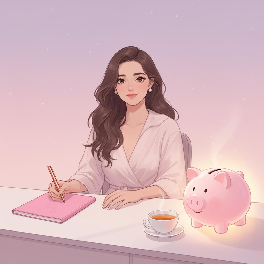 Soft pink illustration of a calm woman journaling at a vanity with a piggy bank, representing mindful and responsible gambling for women in 2026