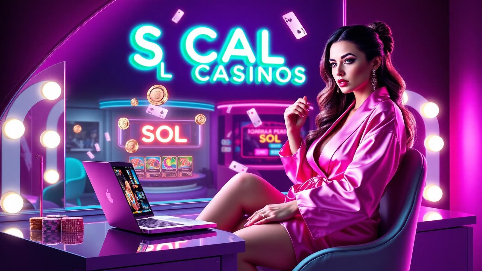 Glamorous woman in pink satin at a glowing laptop showing a Solana crypto casino lobby with floating SOL tokens