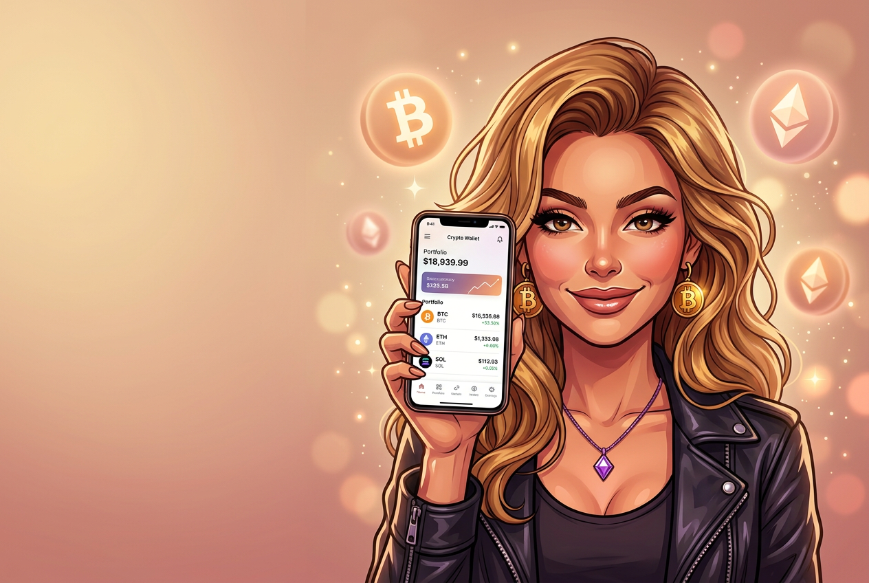 Sophia, female crypto casino expert, holding a smartphone with a Bitcoin, Ethereum and Solana wallet, illustrating why women are choosing crypto casinos in 2026