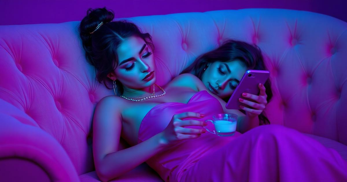 Woman relaxing on a pink velvet couch with her phone face-down and a cup of tea