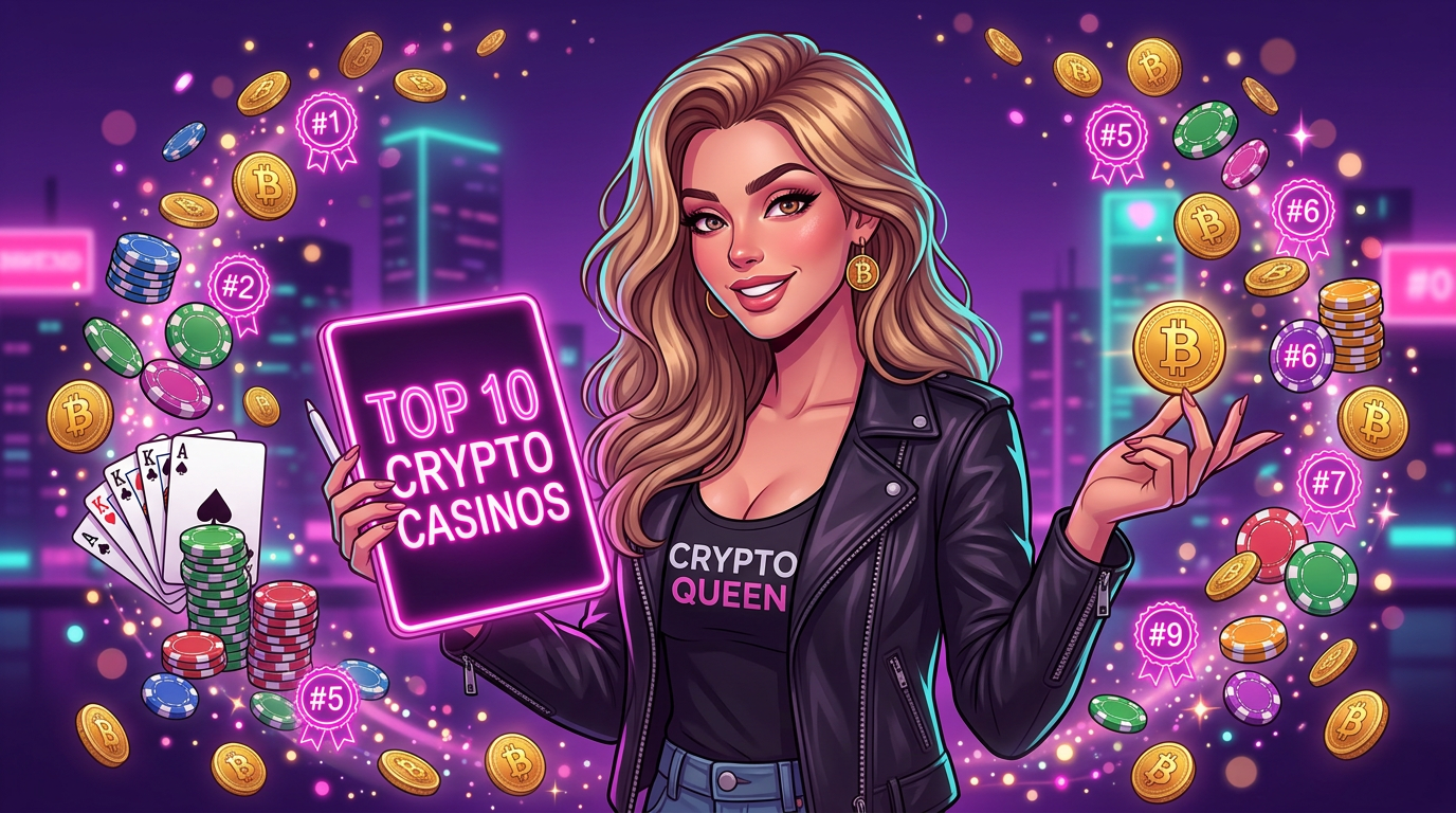 Top 10 Crypto Casinos — Sophia in a pink leather jacket holding a glowing Bitcoin coin
