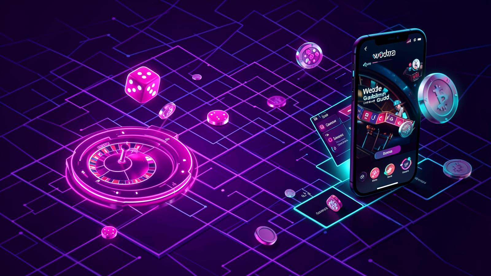 Neon pink roulette wheel, dice and a smartphone casino app floating over a purple blockchain grid with crypto coins