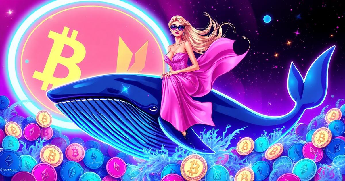Sophia riding a glowing neon whale through a sea of Bitcoin and Ethereum coins
