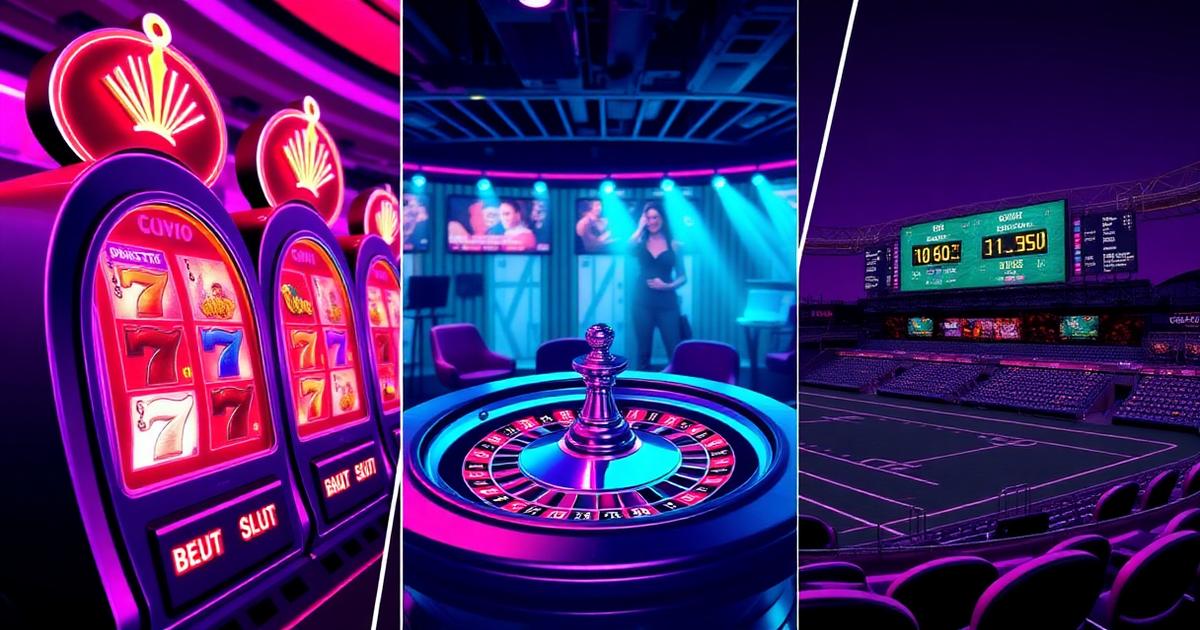 Three-panel image of neon slot reels, a live dealer roulette table and a stadium scoreboard
