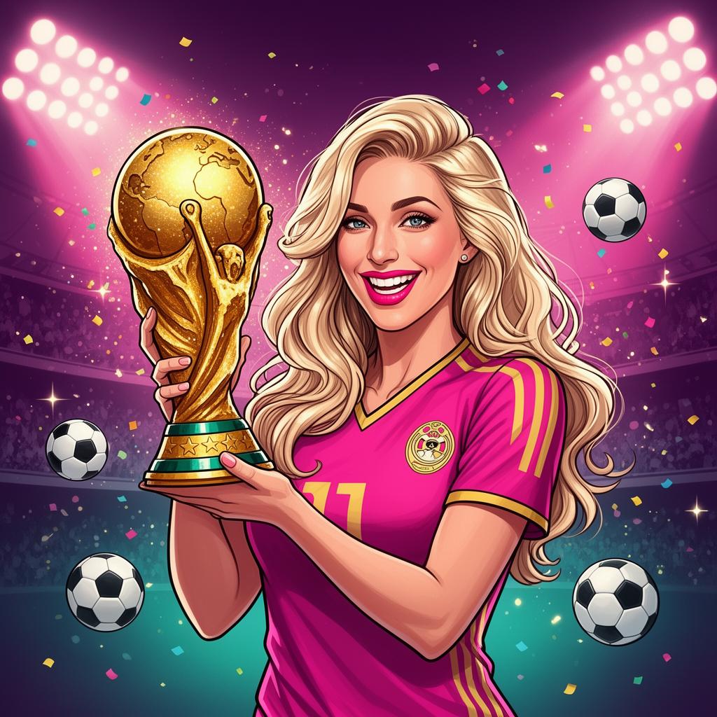 Glamorous illustration of Sophia, a blonde woman in a pink and gold soccer jersey, holding a golden World Cup style trophy with stadium lights and confetti, representing women and the World Cup 2026