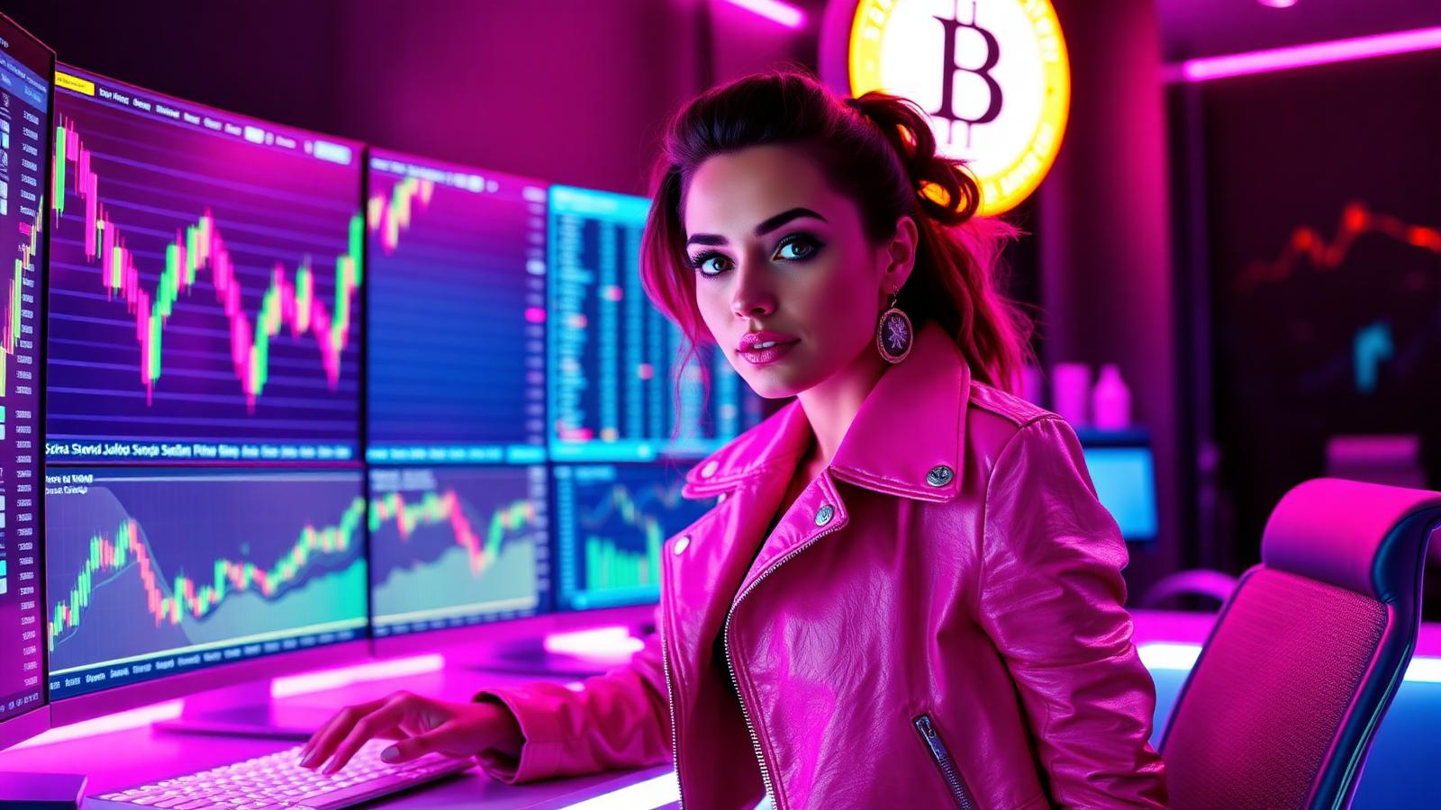 Sophia in a hot pink leather jacket watching a green crypto candlestick chart pump upward on neon trading screens
