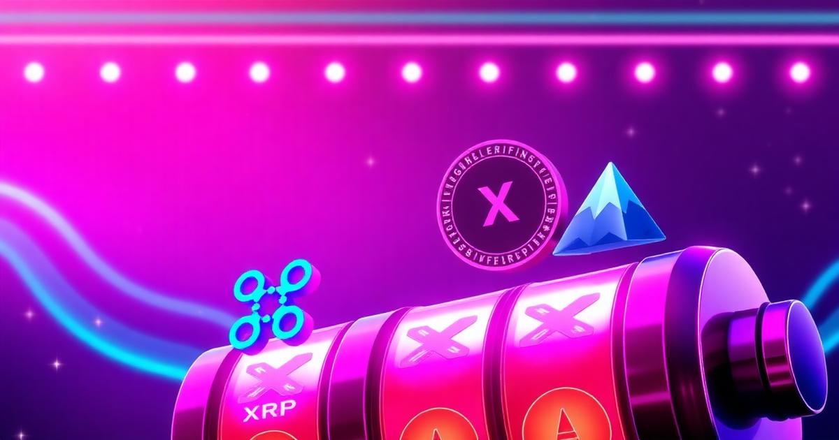Neon XRP and Avalanche coins floating above glowing pink slot reels
